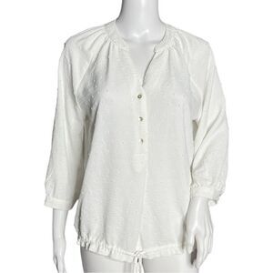 Como Vintage Shirt Women Small White Swiss Dot Popover Casual Neutral Minimalist